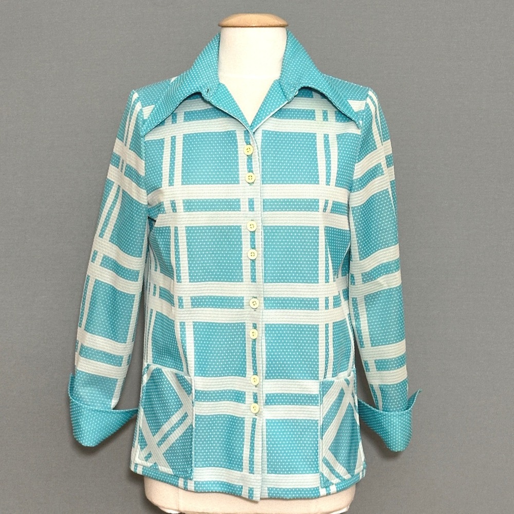 VTG 70s Montgomery Ward Womens Top 14 Turquoise Plaid Polka Dot Disco Collar